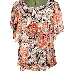 Woman's Notations whimsy boho ruffle sleeve paisley pink pastel blouse M